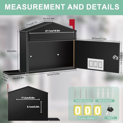Pyoimmne Wall-Mount Mailbox with Flag, Large Capacity Mailboxes for Outside House with Planter Holder & 3 Sets of 0-9 Number Stickers, Locking Galvanized Steel Rust-Proof Post Box Metal Mail Box with Key Lock - Image 2
