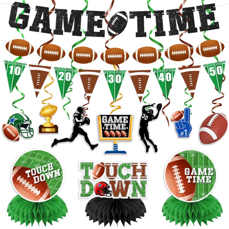 Cutechunfa 20Pcs Football Party Decorations Kit | Game Time Football Garland Banner Hanging Swirl Touch Down Honeycomb Centerpiece | Birthday & Tailgate Party Supplies - Image 1