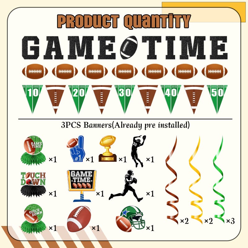 Cutechunfa 20Pcs Football Party Decorations Kit | Game Time Football Garland Banner Hanging Swirl Touch Down Honeycomb Centerpiece | Birthday & Tailgate Party Supplies - Image 4