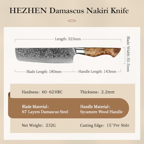 HEZHEN 7 inch Nakiri Knife Japanese High Carbon Steel-Super Durable Cooking Knife-67 Layers of Damascus Steel Sharp Blade -Ergonomic Design for Figured Sycamore Wood Handle - Image 3