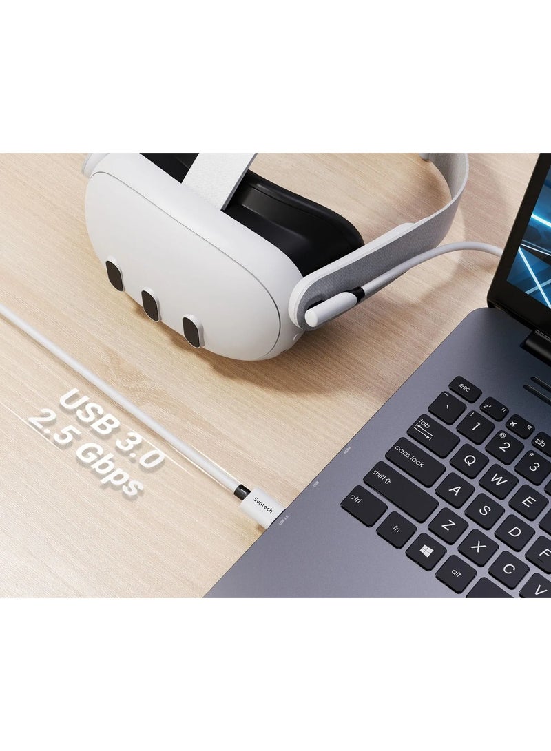 سينتيك كيبل ربط Syntech (5 متر) شحن متوافق مع نظارة Meta Quest 3/2/Pro/Pico 4 - مع منفذ شحن إضافي USB 3.0 لألعاب PC/SteamVR الممتدة - اللون أبيض - Image 3