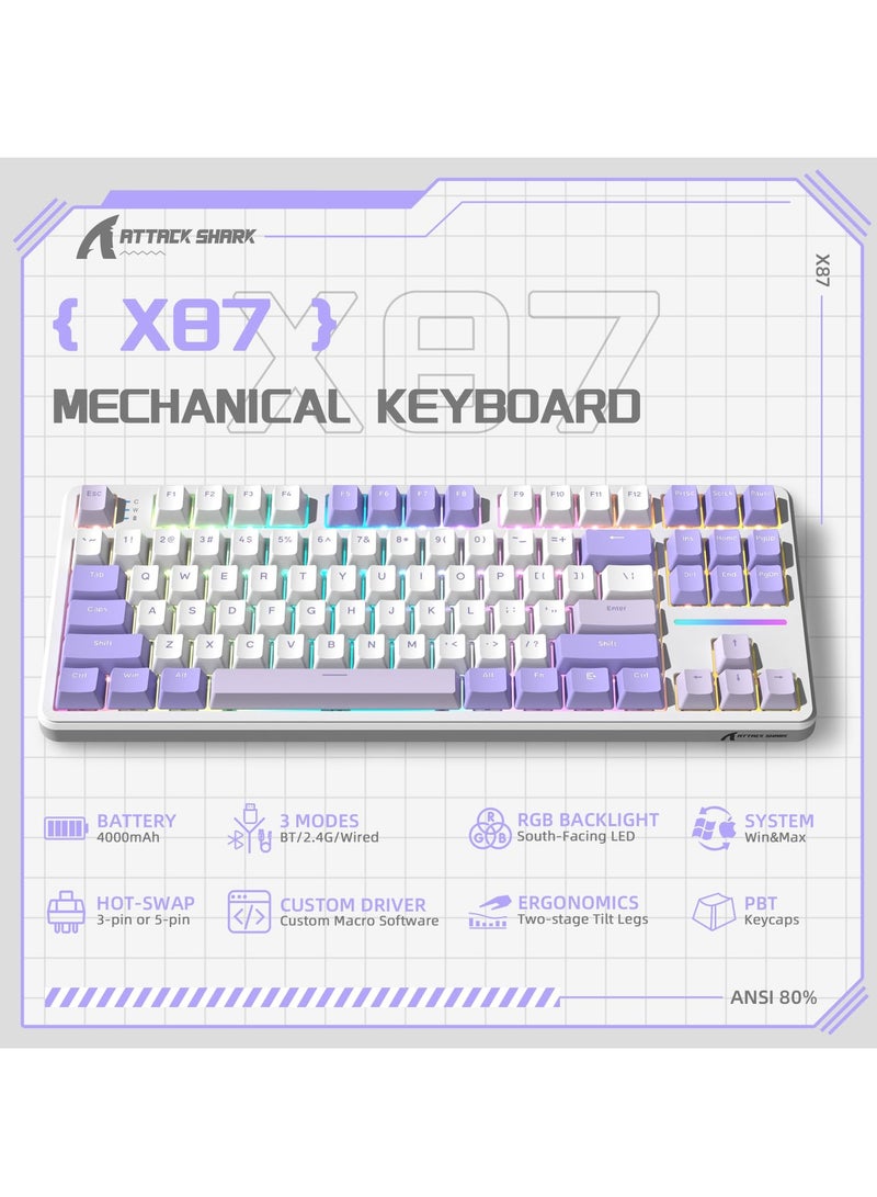 Attack Shark X87 Wireless Mechanical Gaming Keyboard, Tri-Mode BT5.0/2.4GHz/Wired Gasket Hot Swappable Custom Keyboard - Image 2