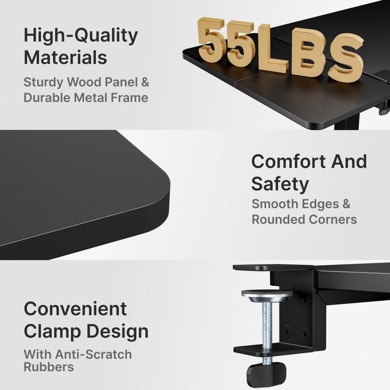 PEGZONE Desk Extender Tray, 24" x 12" Clamp On Desk Shelf, Desk Extension with Storage Drawer, Table Desk Arm Rest, Clamp On Keyboard Tray for Office and Home, Workstation Organizer, Medium, Black - Image 3