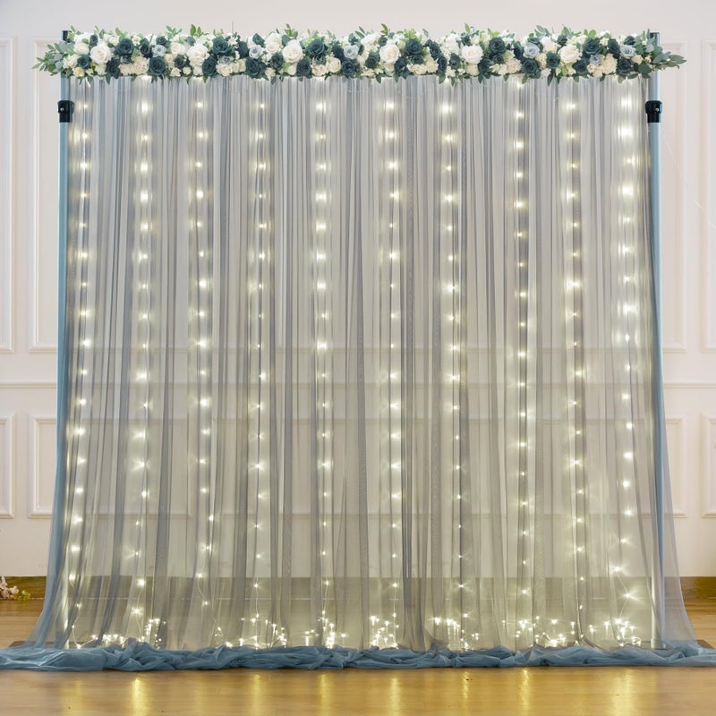 Suppromo Silver Grey Tulle Backdrop Curtain with Lights String for Parites 10x10ft Sheer Backdrop Curtains for Birthday Party Bridal Shower Baby Shower Wedding Ceremony Prom Photo Booth Background Decorations - Image 1