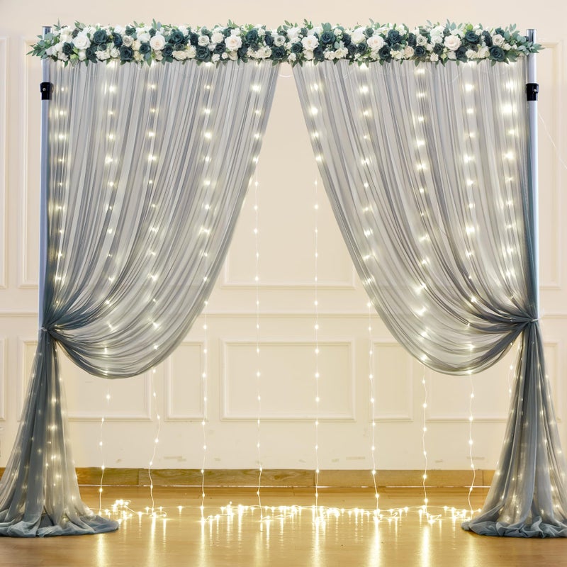 Suppromo Silver Grey Tulle Backdrop Curtain with Lights String for Parites 10x10ft Sheer Backdrop Curtains for Birthday Party Bridal Shower Baby Shower Wedding Ceremony Prom Photo Booth Background Decorations - Image 2