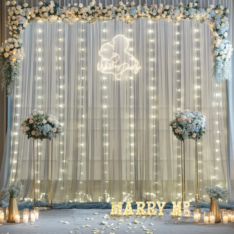 Suppromo Silver Grey Tulle Backdrop Curtain with Lights String for Parites 10x10ft Sheer Backdrop Curtains for Birthday Party Bridal Shower Baby Shower Wedding Ceremony Prom Photo Booth Background Decorations - Image 5