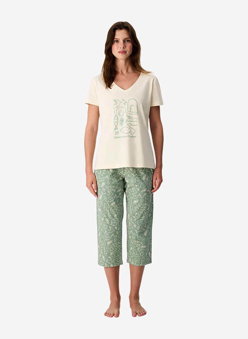 Penti Women Golden Hour Short Sleeve Capri Light Green Pyjama Set - Image 3