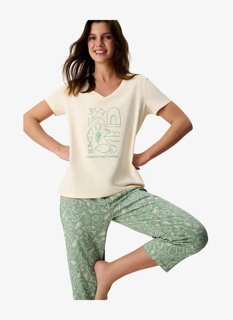 Penti Women Golden Hour Short Sleeve Capri Light Green Pyjama Set