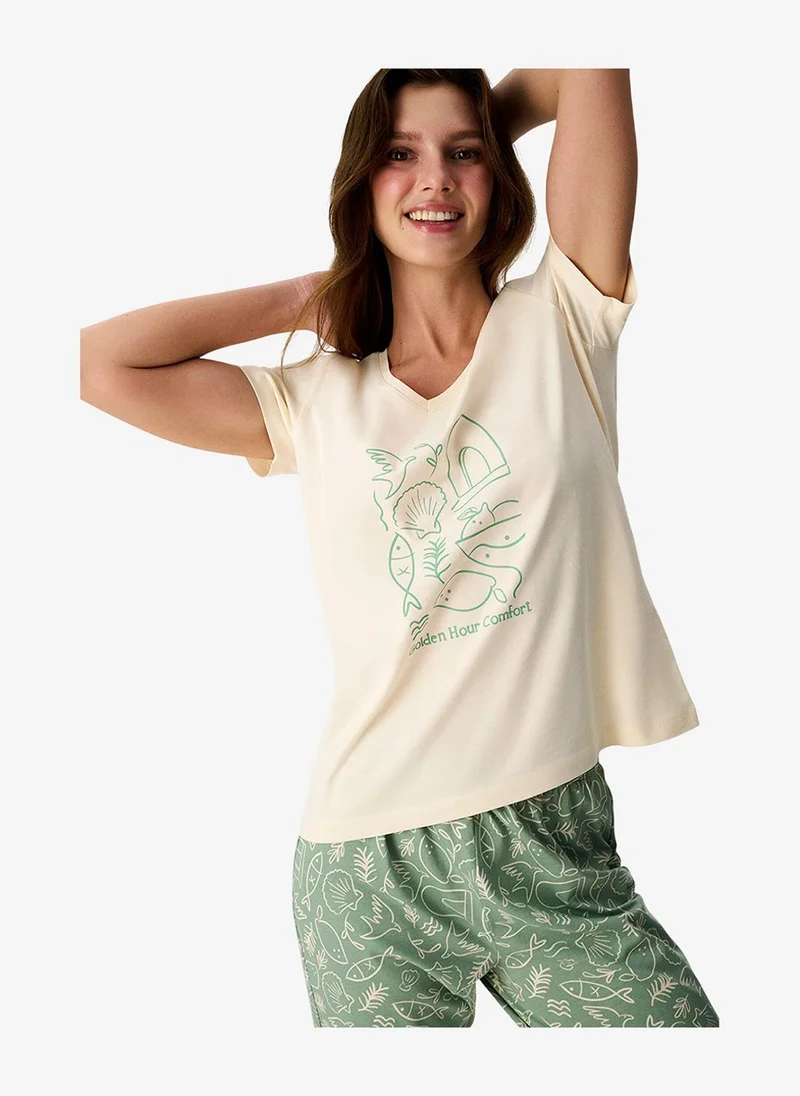 Penti Women Golden Hour Short Sleeve Capri Light Green Pyjama Set