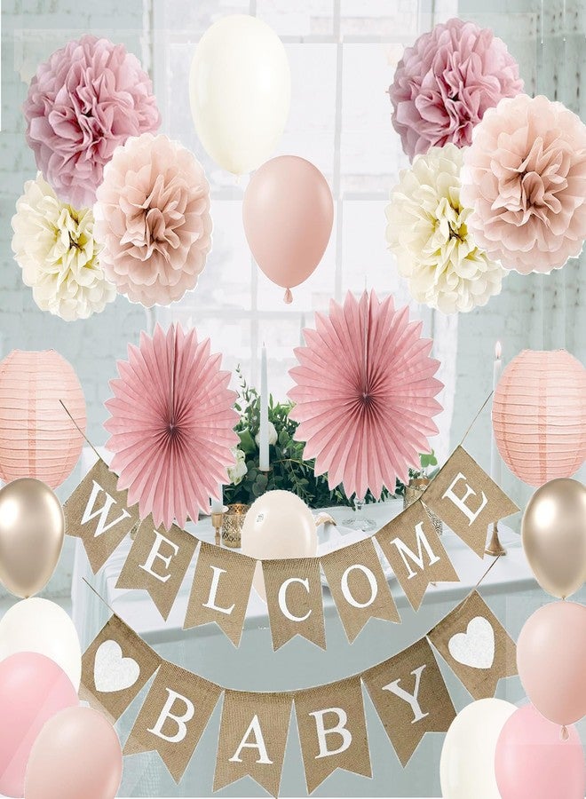 yuqinBB Baby Shower Decorations for Girls with Rustic Burlap Welcome Banner and Rose Gold Balloons Dusty Pink Paper Party Supplies (Pink + Champagne Gold) - Image 1