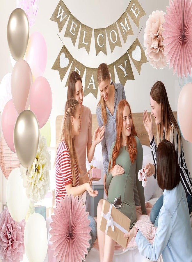 yuqinBB Baby Shower Decorations for Girls with Rustic Burlap Welcome Banner and Rose Gold Balloons Dusty Pink Paper Party Supplies (Pink + Champagne Gold) - Image 3