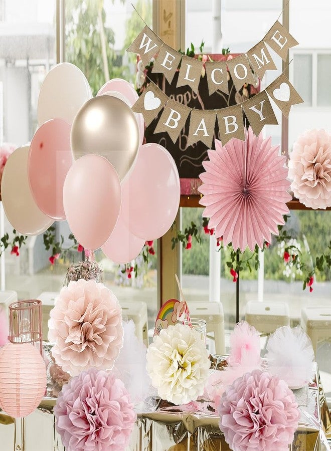 yuqinBB Baby Shower Decorations for Girls with Rustic Burlap Welcome Banner and Rose Gold Balloons Dusty Pink Paper Party Supplies (Pink + Champagne Gold) - Image 2