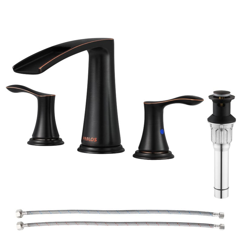 PARLOS Waterfall Widespread Bathroom Faucet Double Handles with Metal Pop Up Drain cUPC Faucet Supply Lines Oil Rubbed Bronze Demeter 1431803 - Image 2