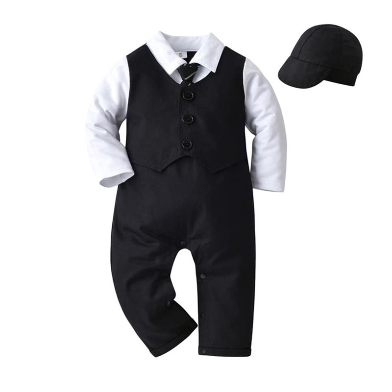 IDOPIP IDOPIP Baby Boy Long Sleeve Gentleman White Shirt Waistcoat Bowtie Tuxedo Jumpsuit Overall Romper Formal Suit Infant Birthday Wedding Christening Outfit with Hat Black Hat Long Sleeve 1224 Months