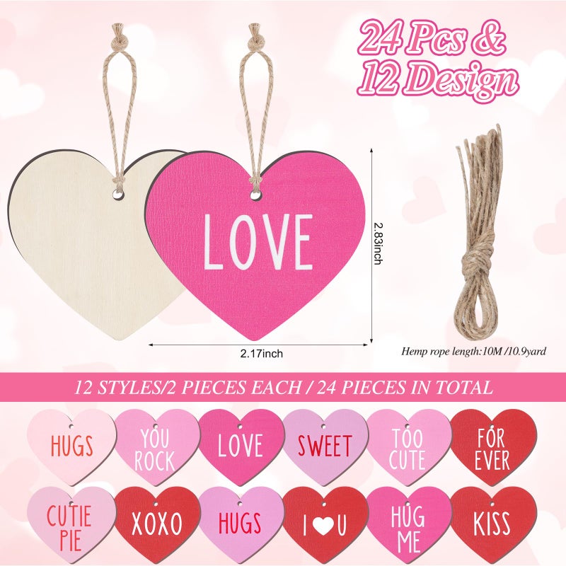 Pascliyna 24 Pcs Valentines Day Conversation Heart Ornaments, Wooden Heart Shaped Hanging Tags Love Embellishments Wood Slices Tag Decorations for Anniversary Wedding Ceremony Engagement Party Supplies - Image 2