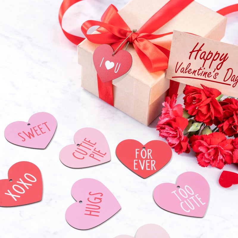 Pascliyna 24 Pcs Valentines Day Conversation Heart Ornaments, Wooden Heart Shaped Hanging Tags Love Embellishments Wood Slices Tag Decorations for Anniversary Wedding Ceremony Engagement Party Supplies - Image 4