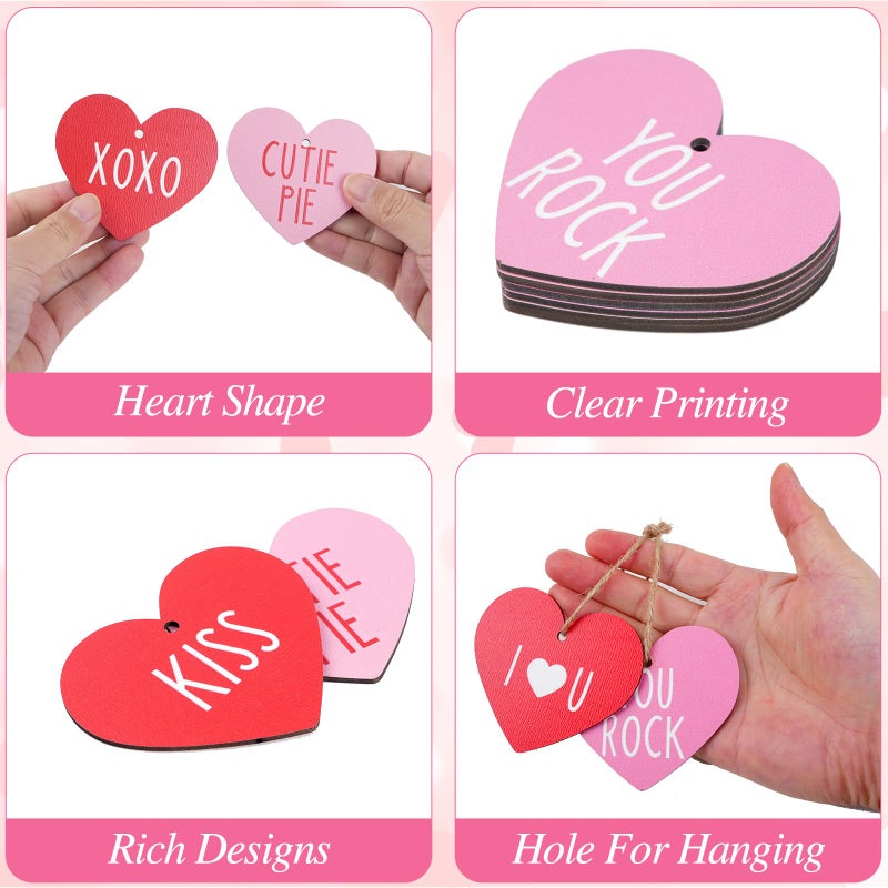 Pascliyna 24 Pcs Valentines Day Conversation Heart Ornaments, Wooden Heart Shaped Hanging Tags Love Embellishments Wood Slices Tag Decorations for Anniversary Wedding Ceremony Engagement Party Supplies - Image 3