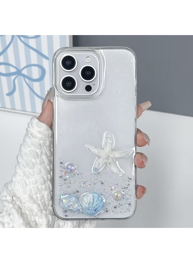 Temu A handmade, transparent acrylic mobile phone case featuring adhesive drops, glitter stars, and a starfish, suitable for iPhone 13 Pro Max. - Image 1