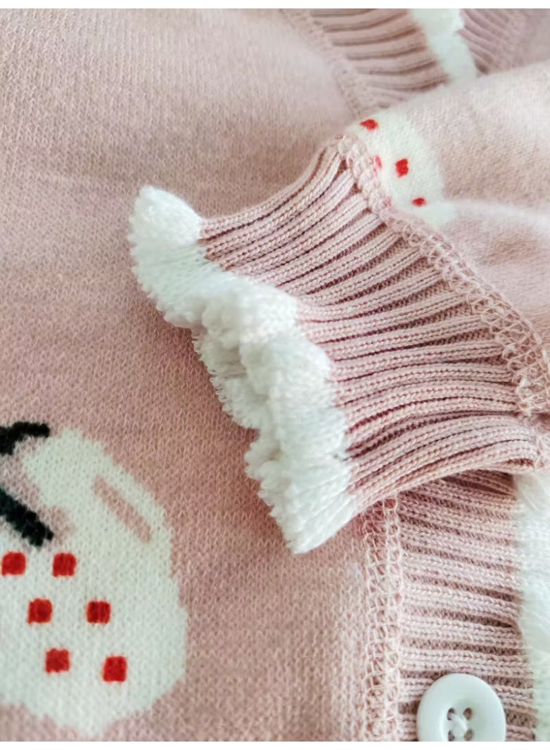 كارديجان شتوي وردي للبنات - قطعة واحدة - جاكيت ناعم مزين بطبعة أرنب وقلب، وياقة وأزرار مكشكشة، معطف محبوك دافئ للبنات والأطفال (قابل للغسل اليدوي، وردي/أبيض) - ملابس خارجية مريحة لفصلي الخريف والشتاء - Image 5