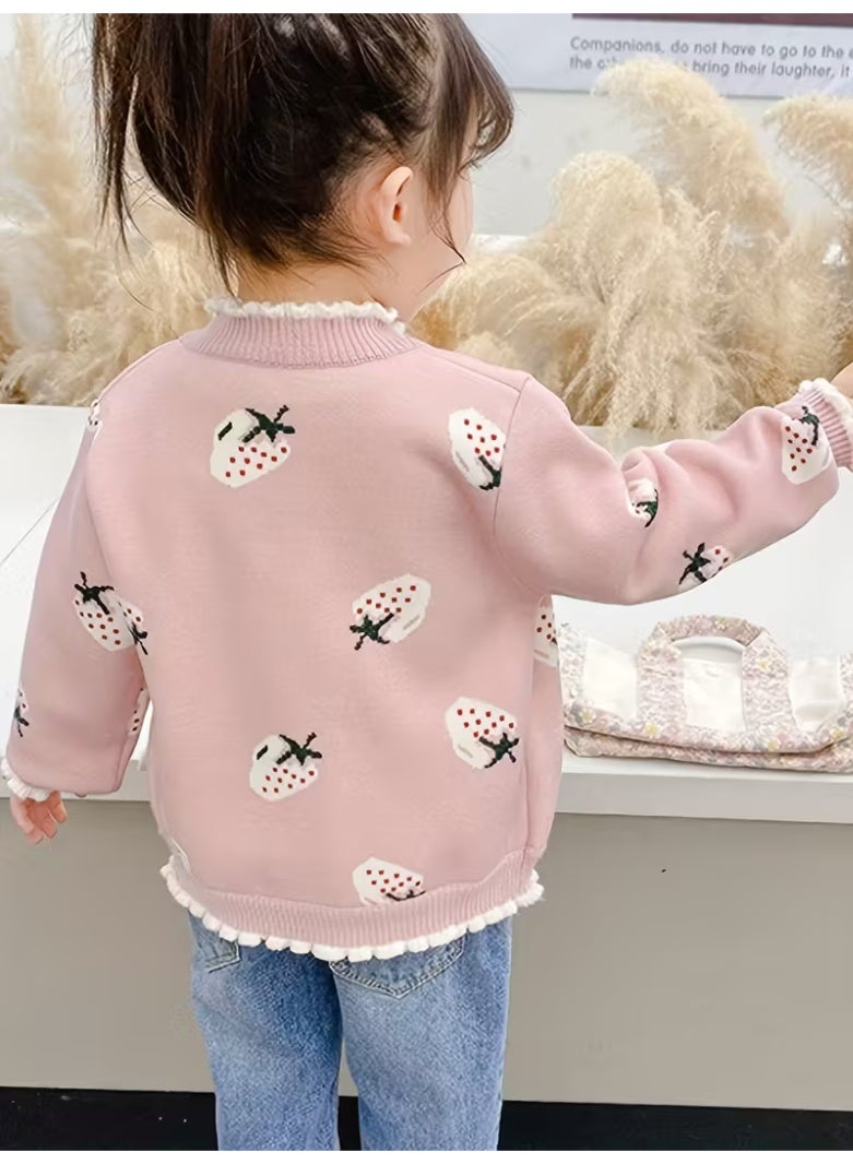 كارديجان شتوي وردي للبنات - قطعة واحدة - جاكيت ناعم مزين بطبعة أرنب وقلب، وياقة وأزرار مكشكشة، معطف محبوك دافئ للبنات والأطفال (قابل للغسل اليدوي، وردي/أبيض) - ملابس خارجية مريحة لفصلي الخريف والشتاء - Image 2