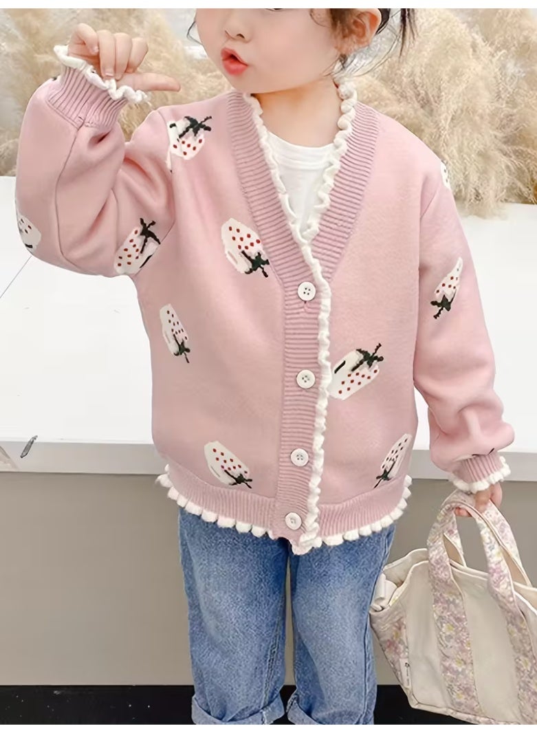 كارديجان شتوي وردي للبنات - قطعة واحدة - جاكيت ناعم مزين بطبعة أرنب وقلب، وياقة وأزرار مكشكشة، معطف محبوك دافئ للبنات والأطفال (قابل للغسل اليدوي، وردي/أبيض) - ملابس خارجية مريحة لفصلي الخريف والشتاء - Image 1