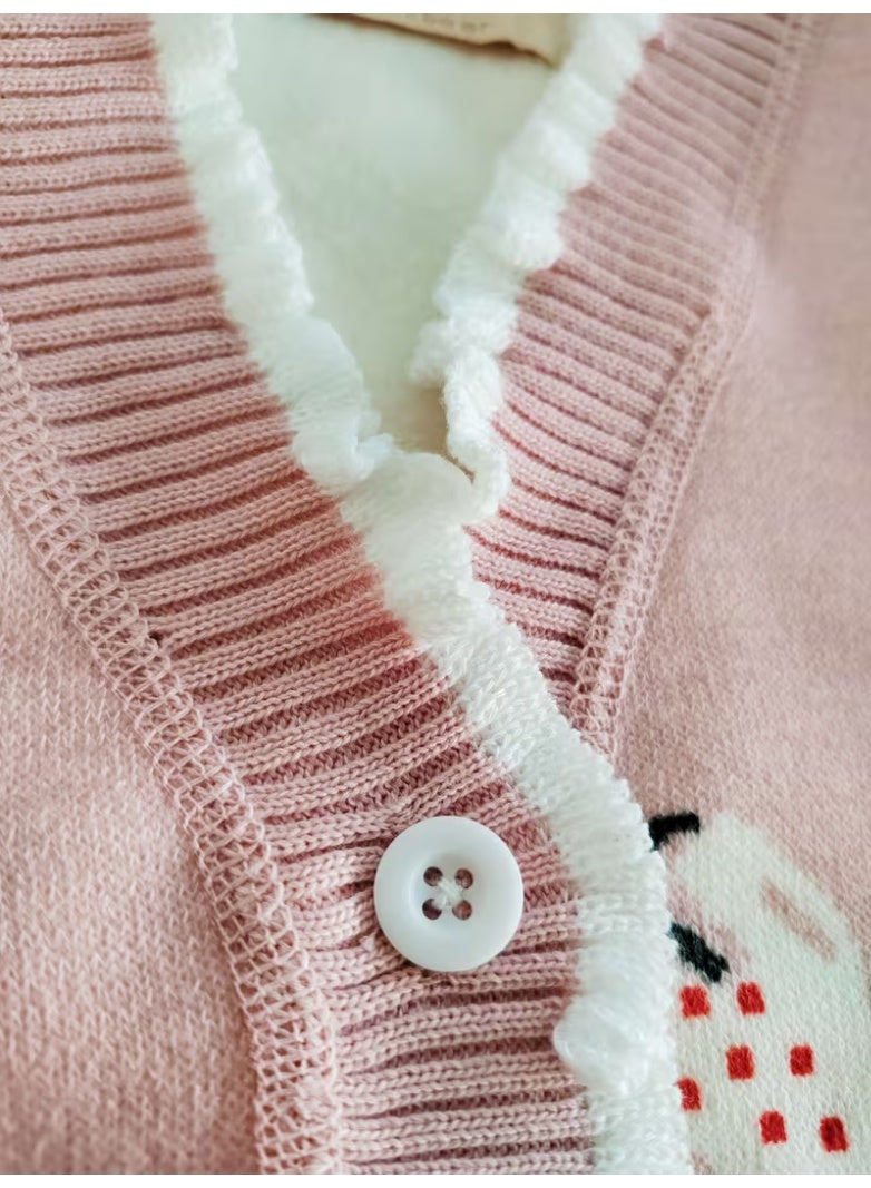 كارديجان شتوي وردي للبنات - قطعة واحدة - جاكيت ناعم مزين بطبعة أرنب وقلب، وياقة وأزرار مكشكشة، معطف محبوك دافئ للبنات والأطفال (قابل للغسل اليدوي، وردي/أبيض) - ملابس خارجية مريحة لفصلي الخريف والشتاء - Image 4
