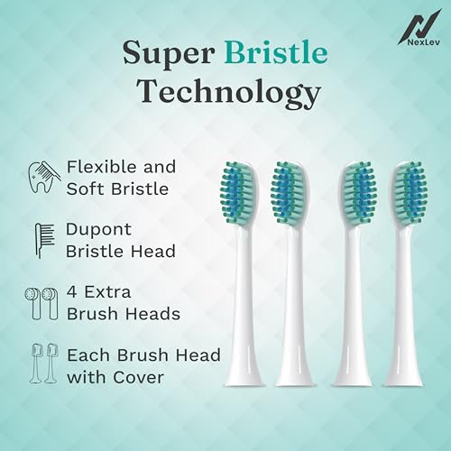 Nexlev Rechargeable Electric Toothbrush| 120 Days Life | 35K strokes/min| Type C| 6 Modes for Daily Use| 2 Min timer with 30sec Quadpacer | 4 Brushheads| IPX7 Waterproof| For Men & Women | ETC-07 White - Image 5
