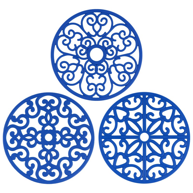 CHEFBEE 3PCS Silicone Trivet Mat  Flexible NonSlip Heat Resistant Modern Kitchen Teapot Trivets Set for Hot Dishes Table Countertop Blue