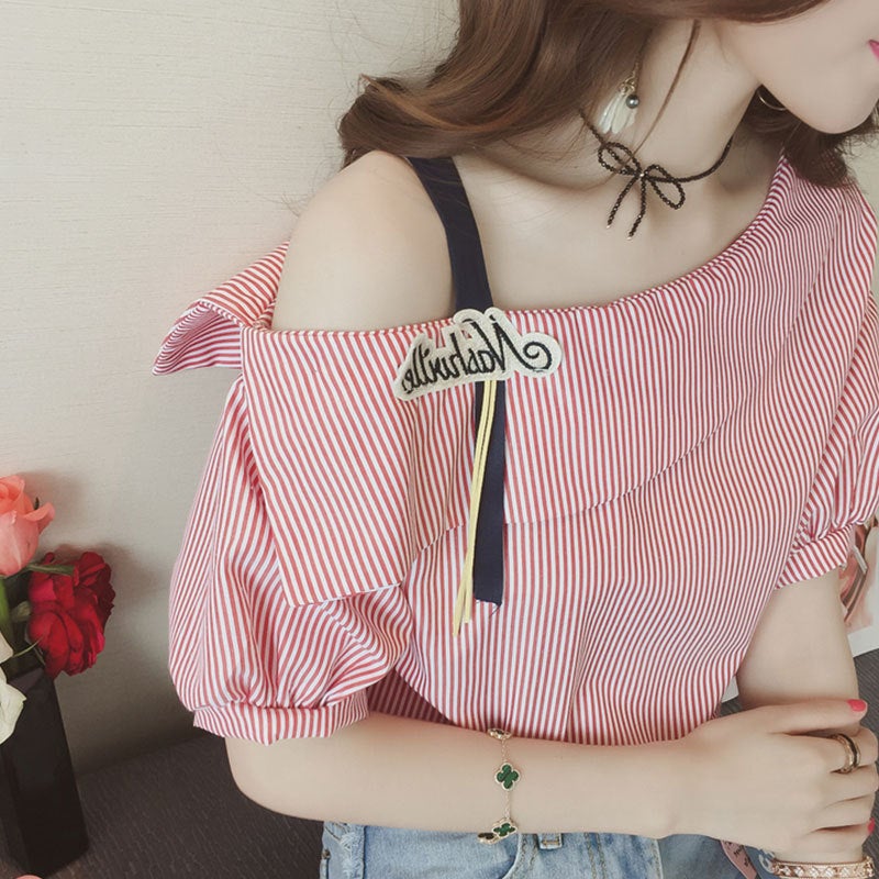 Open Shoulder T-Shirt Women'S Short-Sleeved 2019 Summer Clothing New Fashionable Students Half-Sleeved Base Shirt Striped All-Match Small Shirt Top - Image 3