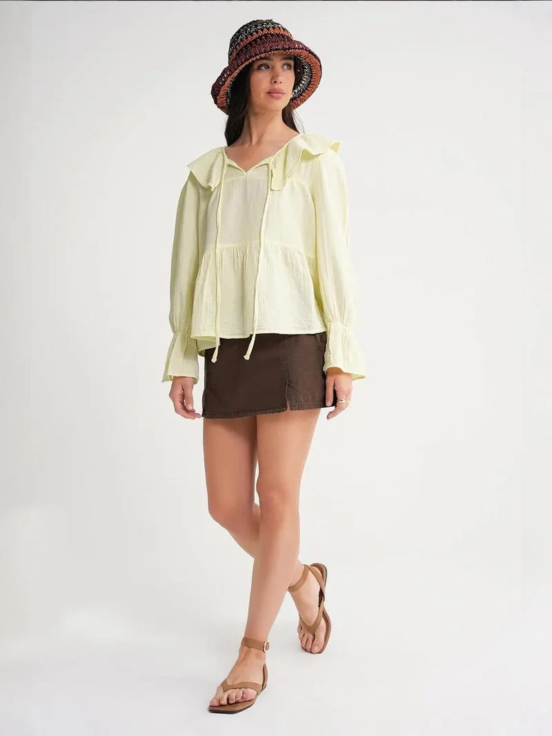 MixRay Mixray Frilly Shawl Collar Blouse with Tie Closure