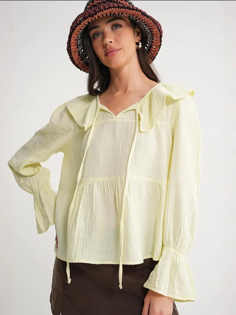 MixRay Mixray Frilly Shawl Collar Blouse with Tie Closure