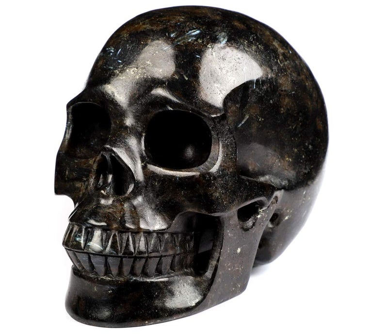 Skullis Skullis 5.0"" Russian Arfvedsonite Crystal Skull  Hand Carved Gemstone Fine Art Sculpture  Reiki Healing Stone Statue.  - Image 1