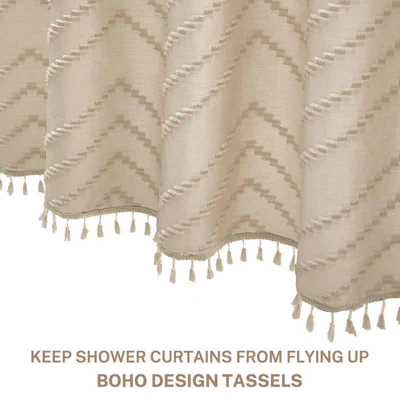 Siiluminisoy Farmhouse Boho Shower Curtain, Woven Fabric Beige Long, 72 x 78, Tufted Chevron Striped Modern Chic Textured Minimalist Bathroom Shower Curtain - Image 3