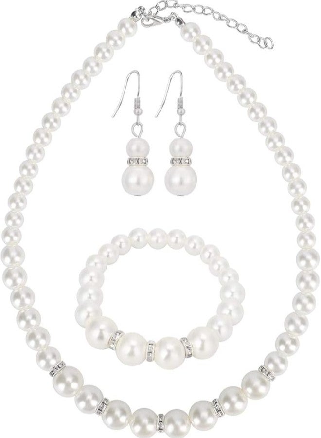 klarako Jewelry Set for Women, Faux Pearl Necklace Dangle Earrings Bracelet Set, Wedding Party Jewelry for Bridal Bridesmaid  - Image 1