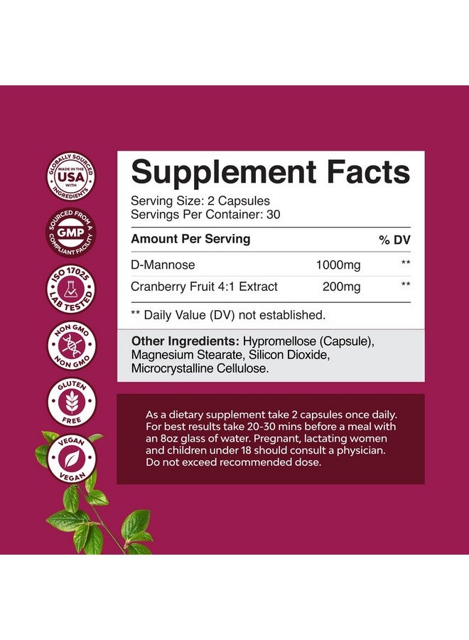 Natures Craft D Mannose with Cranberry Supplement - Potent D Mannose 1000mg Capsules for Kidney Defense Support & Cleanse and Urinary Tract Health for Women & Men - Bladder Health Supplement for Adults - 60 Count - Image 2