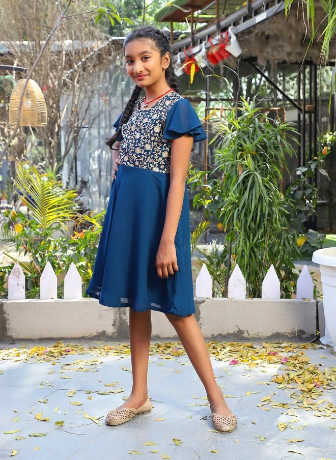 AKS Blue Floral Print Fit & Flare Dress for Girls