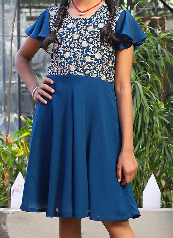 AKS Blue Floral Print Fit & Flare Dress for Girls