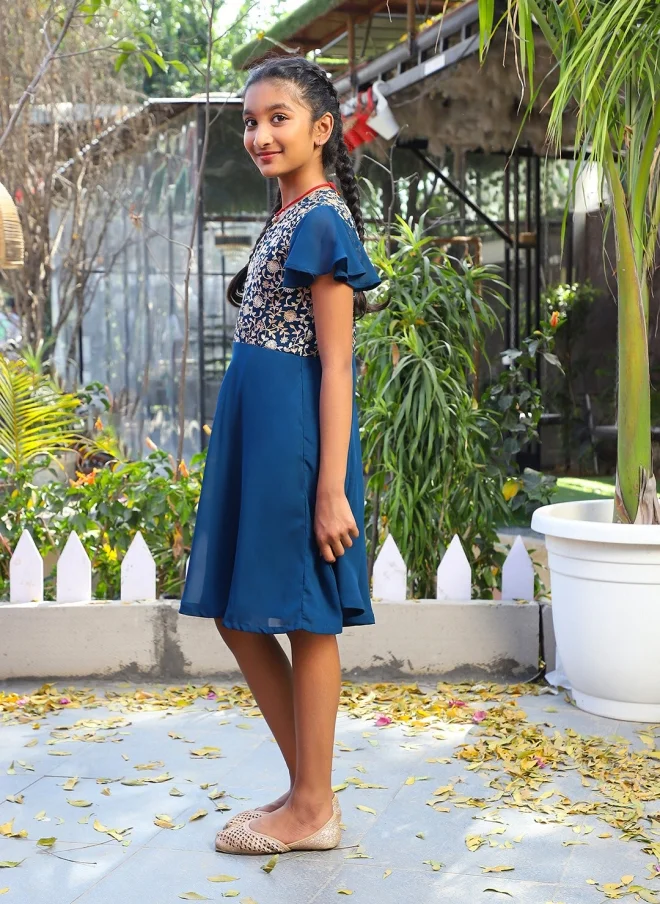 AKS Blue Floral Print Fit & Flare Dress for Girls