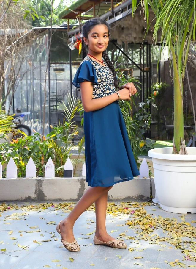 AKS Blue Floral Print Fit & Flare Dress for Girls