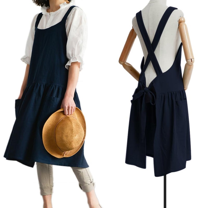 NEWGEM Cotton Linen Cross Back Apron for Women with Pockets for Cooking Baking Navy Blue with Waist Ties