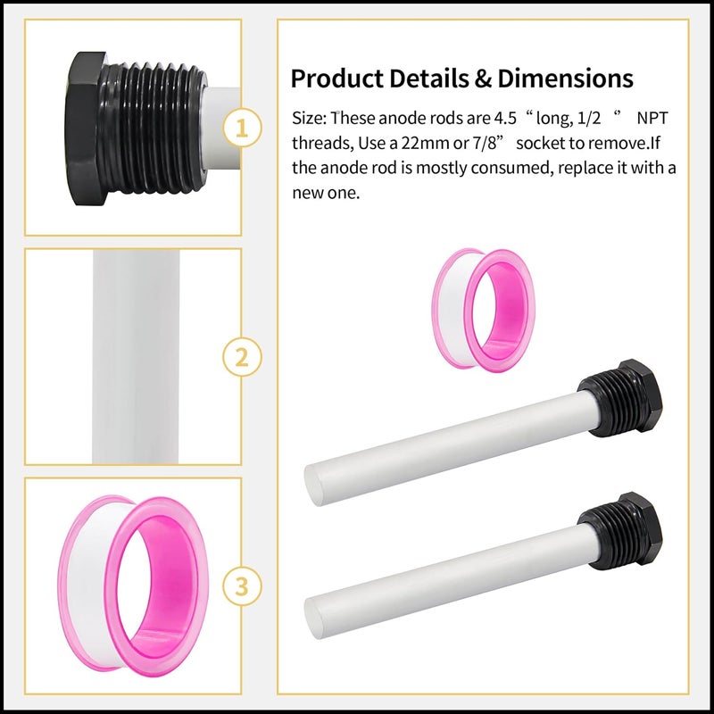 yrjns 2 Pack RV Water Heater Magnesium Anode Rod Water Heater Replacement Part fits for Atwood Dometic Water Heater 11553, 4.5" x 1/2" NPT RV Water Anode Rod for RV, Camper and Trailer Water Heaters - Image 2