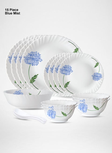 15 Pieces Opalware Dinner Set | Microwave & Dishwasher Safe | Blue Mist Dinnerware set with 4-Piece Dinner Plate, 4-Piece Side Plate, 1-Piece Serving Bowl, 4-Piece Veg Bowl, 2-Piece Spoons-White