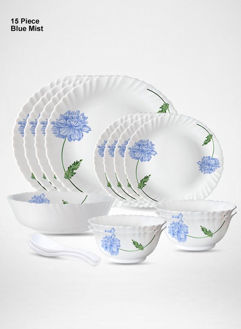 British Chef 15 Pieces Opalware Dinner Set | Microwave & Dishwasher Safe | Blue Mist Dinnerware set with 4-Piece Dinner Plate, 4-Piece Side Plate, 1-Piece Serving Bowl, 4-Piece Veg Bowl, 2-Piece Spoons-White - Image 1