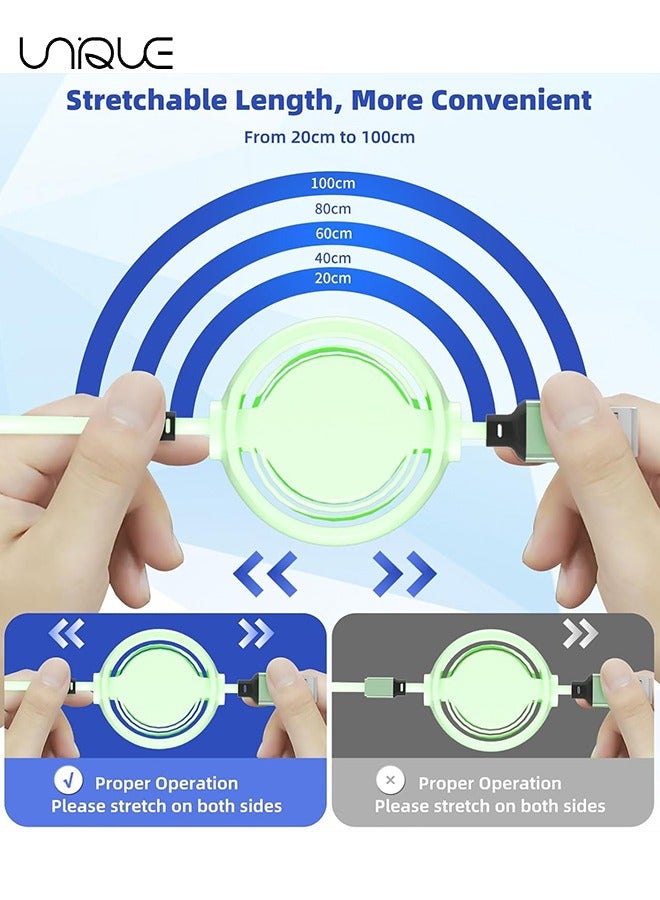 يونيك كابل شحن قابل للسحب 3 في 1 ، سلك شاحن سريع متعدد الكابلات USB لأجهزة iPhone و Samsung و iPad والأجهزة اللوحية و Switch والمزيد (أخضر) - Image 3