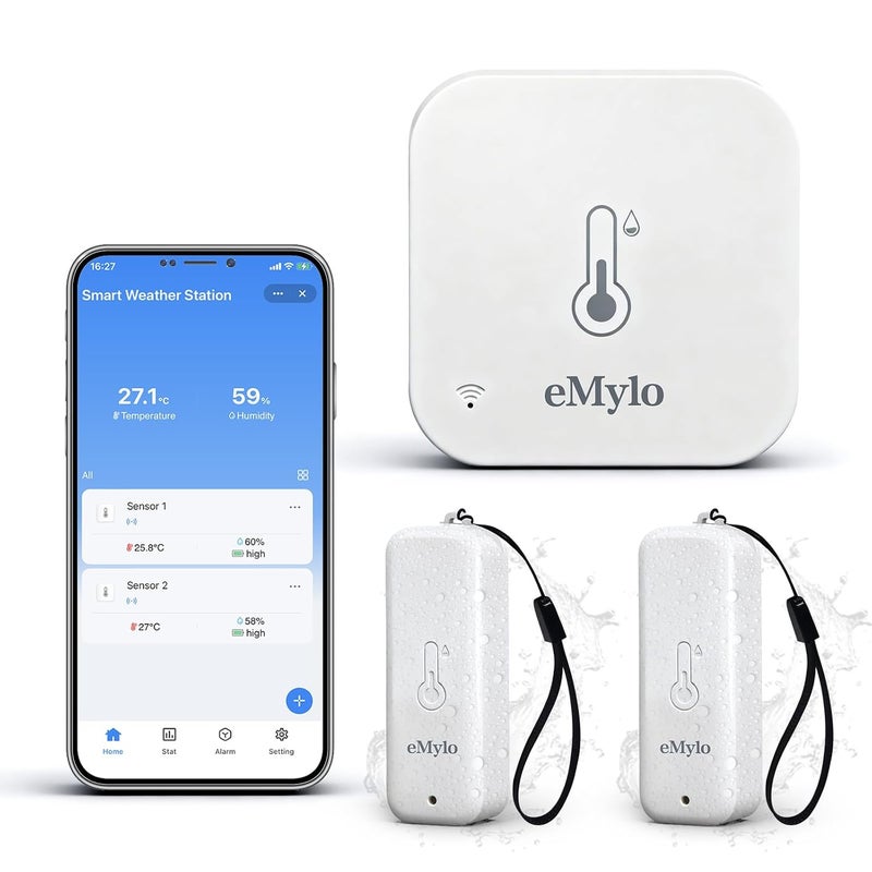 eMylo مجموعة eMylo WiFi لمقياس الحرارة والرطوبة (3 قطع) مع محور، مستشعر ذكي لدرجة الحرارة والرطوبة الداخلية والخارجية، مقاوم للماء بمعيار IP65، تنبيهات التطبيق، نطاق 492 قدم، متوافق مع Alexa وGoogle Home، مراقبة الدفيئة وغرفة الطفل - Image 1