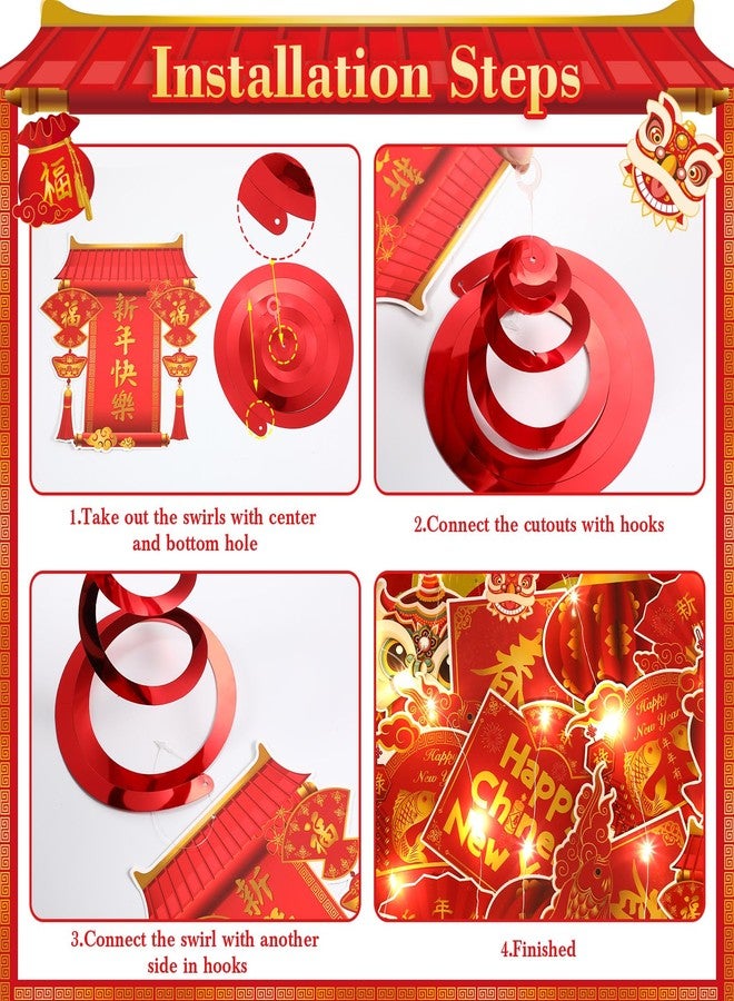 Skyygemm Happy Chinese New Year Hanging Decorations with Lights 2025 Lunar New Year Hanging Swirls Red and Gold Lanterns Chinese Knot Paper Cutouts Spring Festival Ceiling Streamers Party Supplies - Image 3