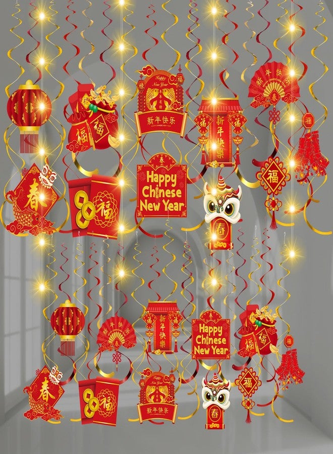 Skyygemm Happy Chinese New Year Hanging Decorations with Lights 2025 Lunar New Year Hanging Swirls Red and Gold Lanterns Chinese Knot Paper Cutouts Spring Festival Ceiling Streamers Party Supplies - Image 1