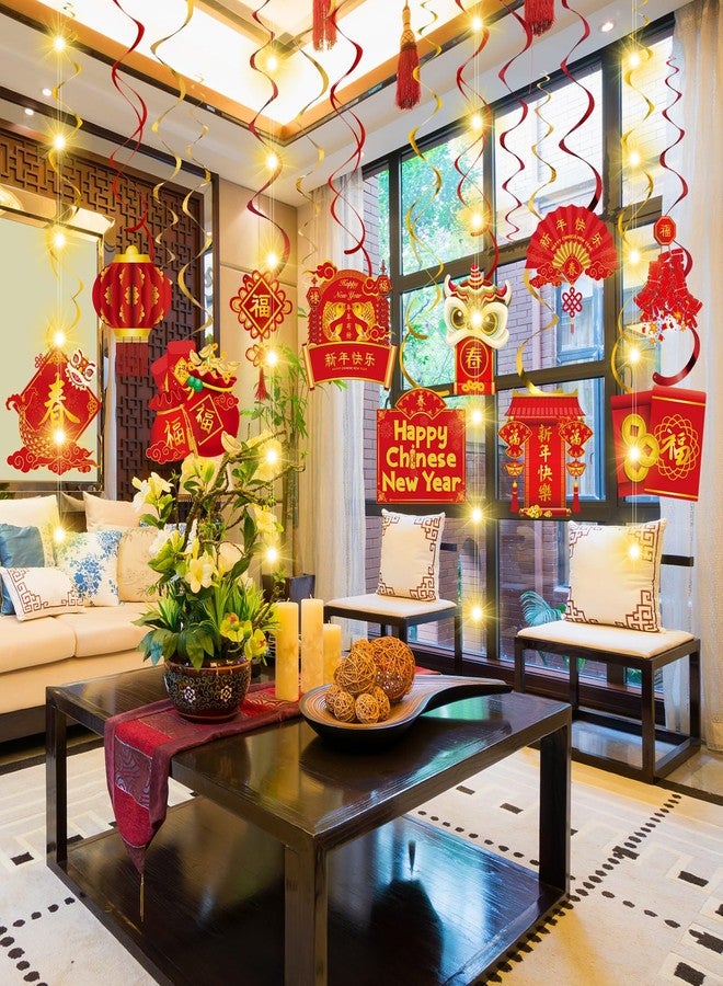 Skyygemm Happy Chinese New Year Hanging Decorations with Lights 2025 Lunar New Year Hanging Swirls Red and Gold Lanterns Chinese Knot Paper Cutouts Spring Festival Ceiling Streamers Party Supplies - Image 5