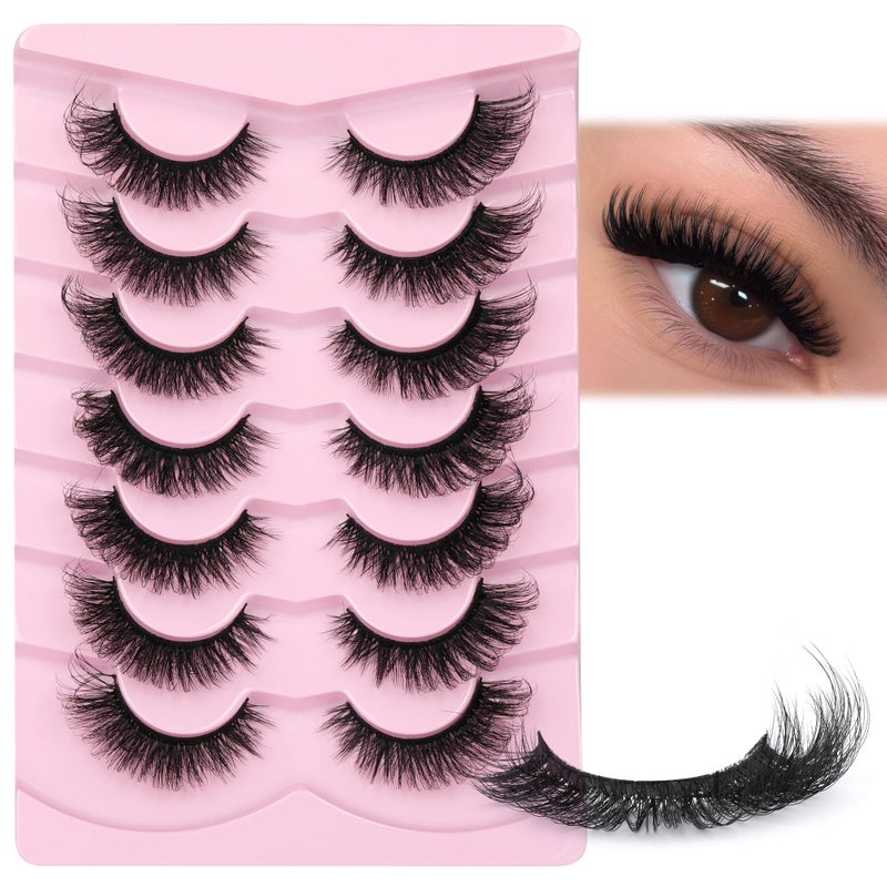 JIMIRE Faux Mink Lashes Fluffy Cat Eye Natural False Eyelashes Volume Wispy Fox Eye Crossed 17MM Thick Fake Lashes Look Like Eyelash Extensions PestaÃ±as 7 Pairs Pack - Image 1