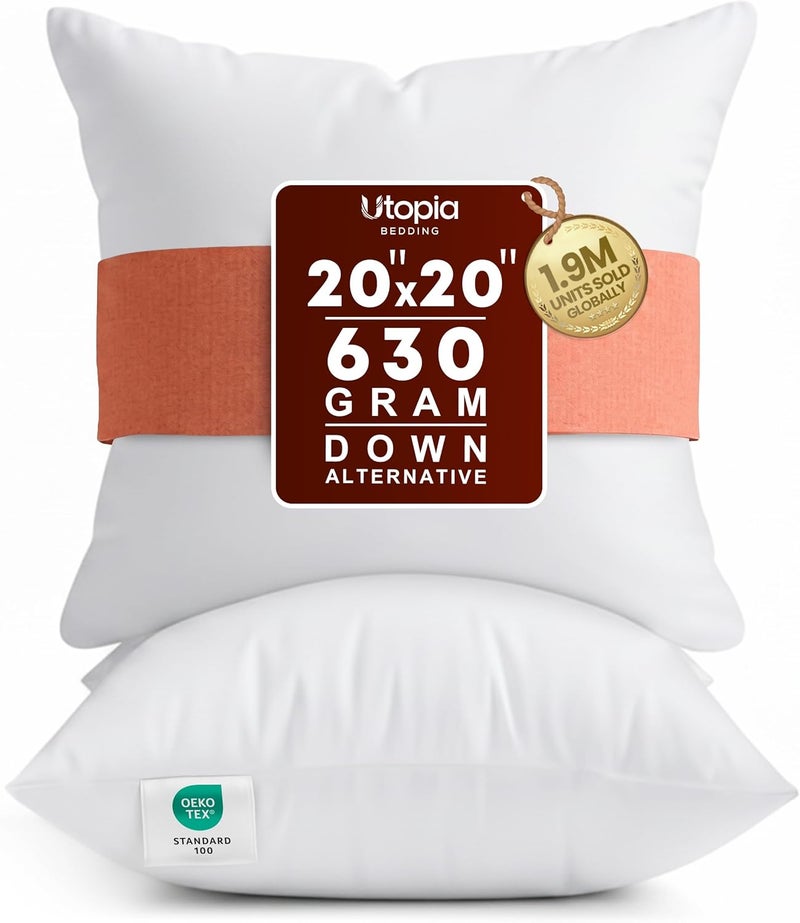 Throw Pillows Insert (Pack of 2, White) - 20 x 20 Inches Bed and Couch Pillows - Indoor Decorative Pillows - Image 1